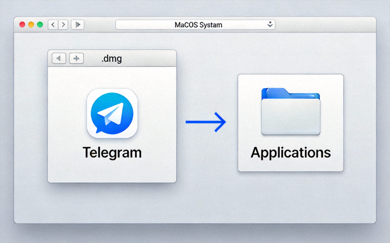 macOS安装过程截图：显示打开的.dmg文件窗口，箭头示意将Telegram应用拖入Applications文件夹