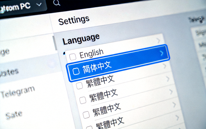 Telegram PC版设置菜单中Language选项截图 - 高亮显示简体中文选择项