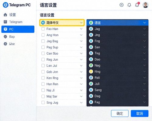 Telegram PC客户端语言设置界面截图 - 高亮显示简体中文选项