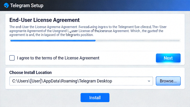 Telegram PC客户端安装向导步骤截图 - 展示协议同意与安装路径选择界面
