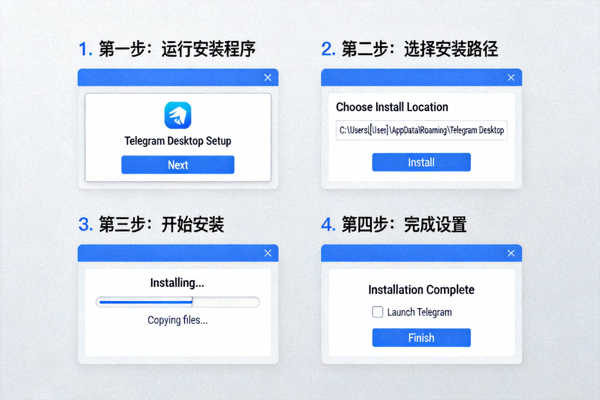 Telegram PC客户端安装过程分步截图指南 - 显示从运行安装程序到完成设置的界面