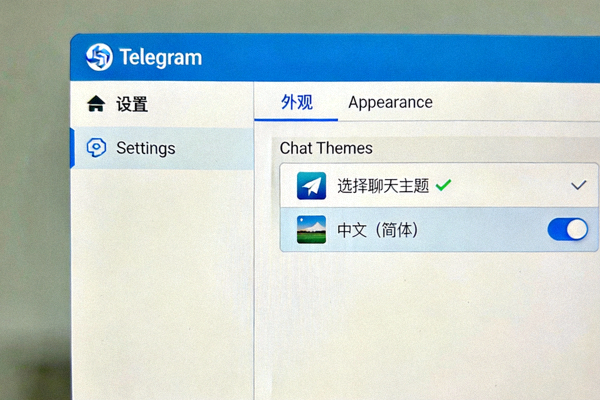 Telegram Windows版中文语言设置步骤截图 - 展示Settings界面、Appearance选项及Chat Themes中选择中文主题的完整流程